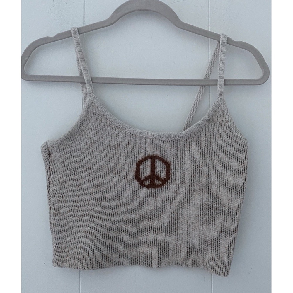 PacSun LA Hearts Peace Knit Cropped Tank Size Medium Beige Festival